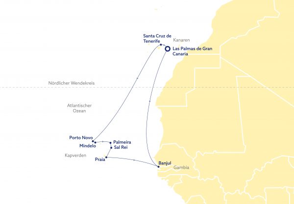 Die geplante Route der Kapverden-Kreuzfahrt mit der VASCO DA GAMA