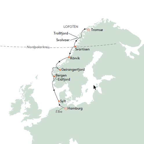 Die geplante Route mit der MS HANSEATIC inspiration entlang der Küste von Norwegen