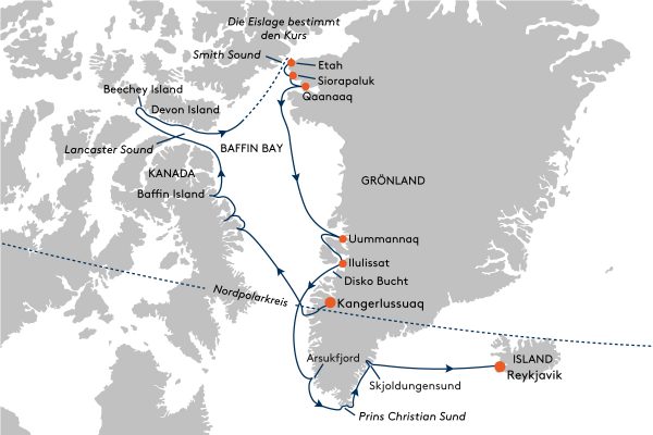 Die geplante Route in der Arktis mit der MS HANSEATIC inspiration