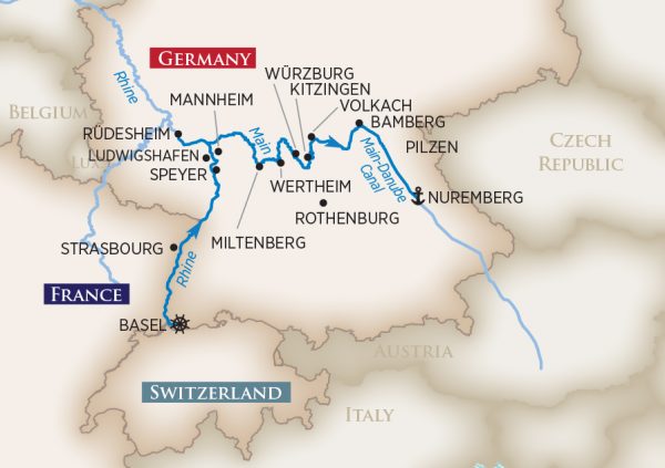 Die Route der AmaWaterways AmaCerto von Basel nach Nürnberg