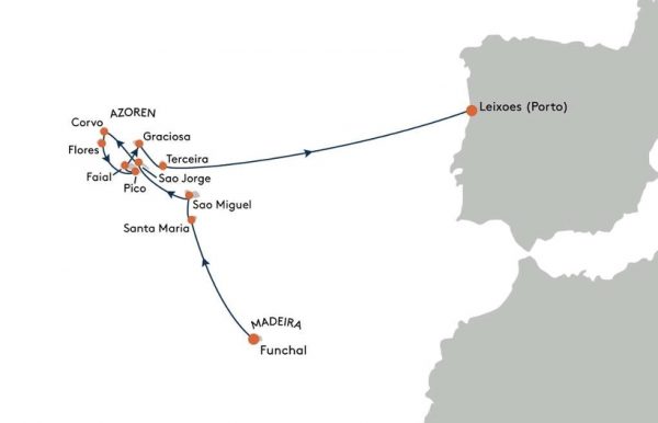 Die geplante Route mit der MS HANSEATIC spirit auf den Azoren