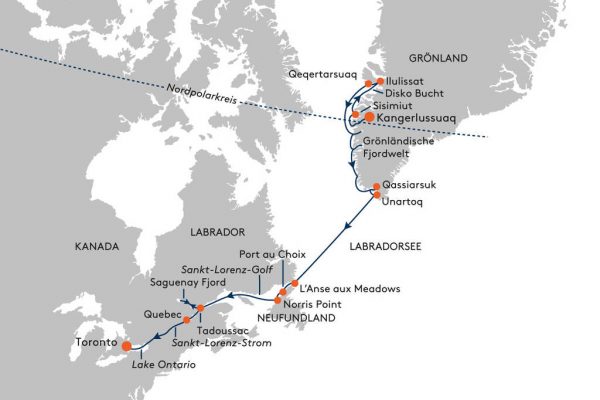 Die geplante Route der HANSEATIC inspiration von Grönland nach Kanada