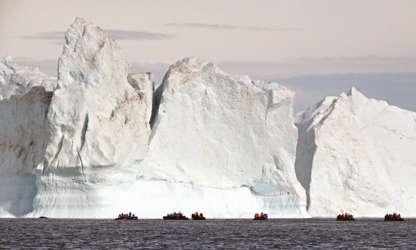 Ein Wal und Zodiacs im Ilulissat-Eisfjord