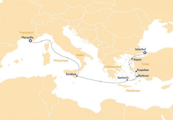 Die Route der Kreuzfahrt durch das Mittelmeer mit der VASCO DA GAMA von Istanbul nach Marseille