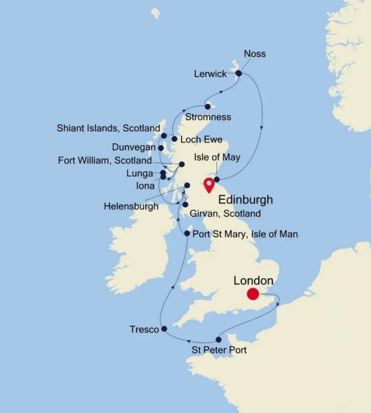 Die geplante Route der Kreuzfahrt rund um Großbritannien mit der Silver Endeavour im April 2024